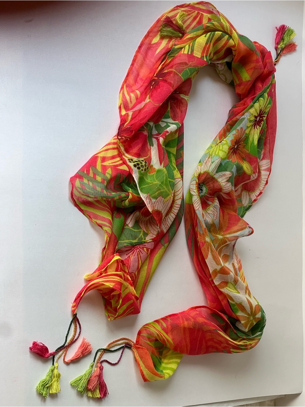Tropical women’s scarf with beaded tassels at each corner 38 x 38